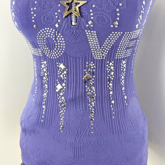 VTG 00s Y2K Gyaru Periwinkle Blue Purple Rhinestone Studded Cami Top Size Small - Picture 5 of 6